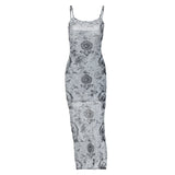 Women Dresse Vintage Ink Print Dress Sexy Slim-Fit Suspender Dress