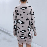 Women Knitted Sweater Autumn Knitted Long Sleeve V-neck Shabby Leopard Print Woolen Skirt