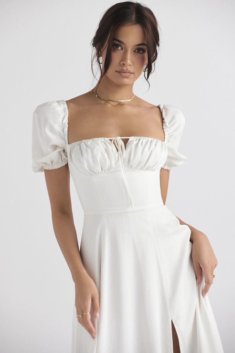 Women Dresses Summer Puff Sleeves Pure White Split Dress (Zns0409)