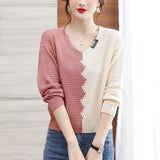 Women Knitwear Spring and Autumn V-neck Color Matching Sweater Loose Sweater