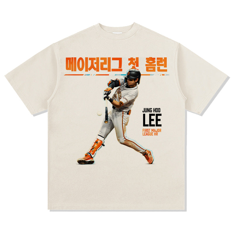Mens Vintage baseball T-Shirt Jung Hoo Lee Printed Short Sleeve T-Shirt Vintage Washed Loose
