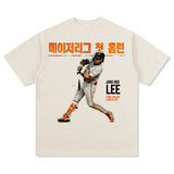 Mens Vintage baseball T-Shirt Jung Hoo Lee Printed Short Sleeve T-Shirt Vintage Washed Loose