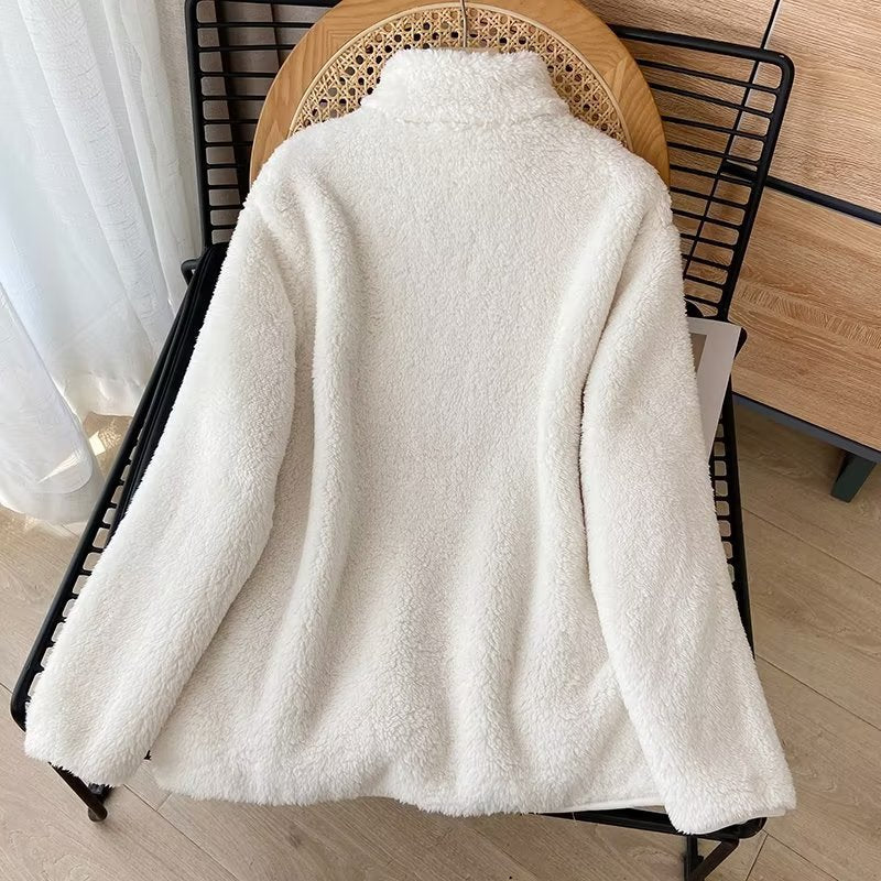 Women Jacket Winter Long Velvet Imitation Lamb Wool Warm Long Sleeves Jacket Zipper Coat
