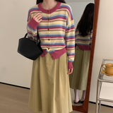 Women Knitwear Autumn and Winter Striped round Neck Sweaters Cardigan