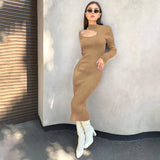 Women Dresses Turtleneck Woolen Hollow Dress Long Dress