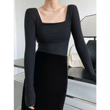 Women T Shirt Long Sleeve Square-Neck T-shirt Women's Slim Top Bottoming Shirt