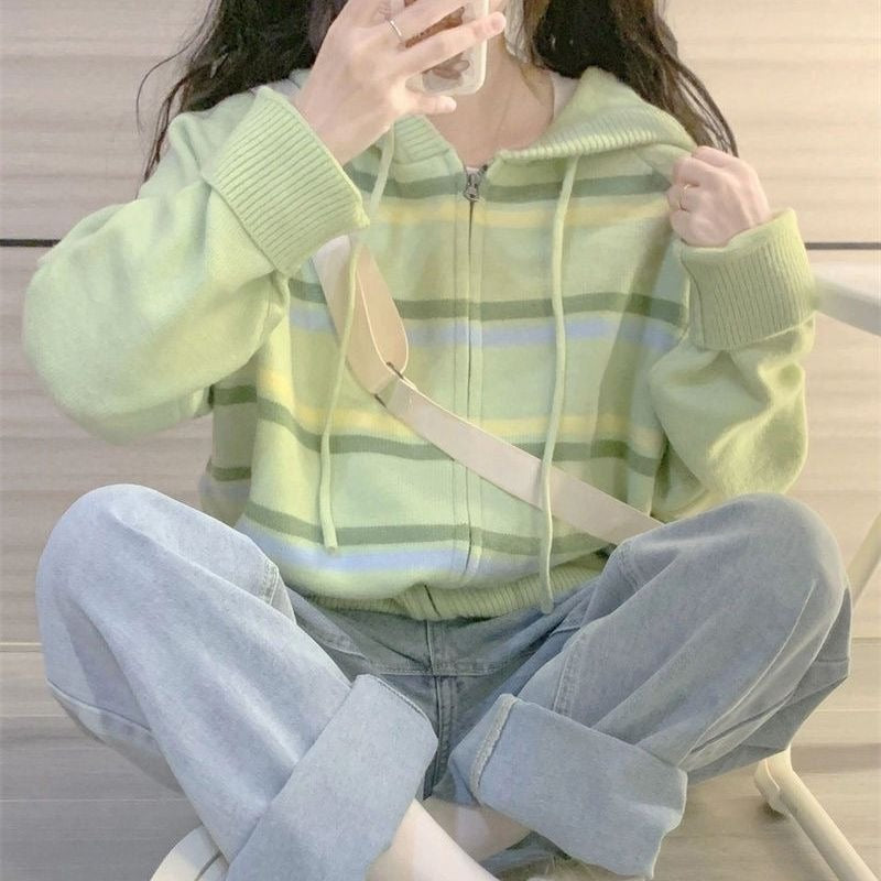 Women Knitwear Autumn and Winter Striped Hooded Sweater Coat Knitted Cardigan