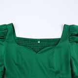 Women Dress Green Satin Waist Princess Dress Women Elegant Puff Sleeve Dress