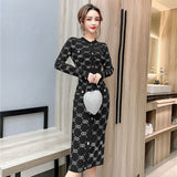 Women Maxi Dress Autumn Retro Hip-Wrapped Knitted Dress
