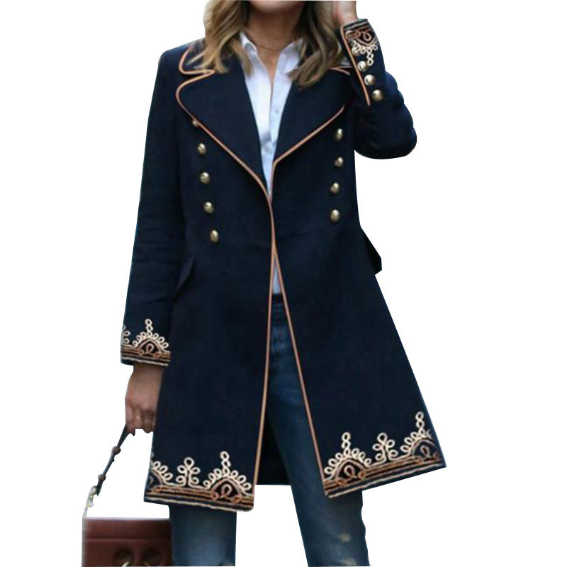 Women Trench Coat Autumn Elegant Mid-Length Printing Lapel Coat