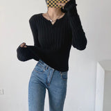Women Sweater Knitwear V-neck Thread Sunken Stripe Slim-Fit Long-Sleeved Knitted Bottoming Shirt