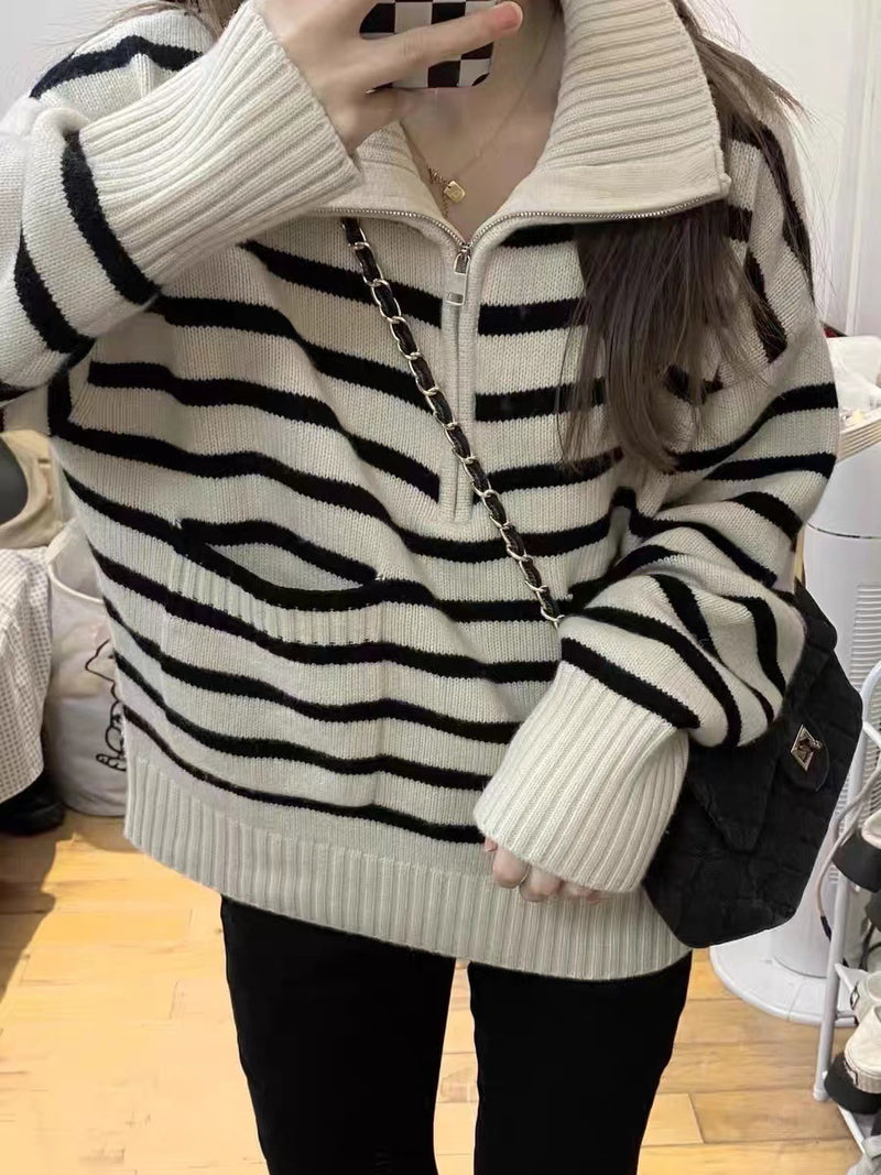 Women Knitted Pullover Striped Turtleneck Zipper Sweater Women's Fall and Winter Lapels Knitwear Top