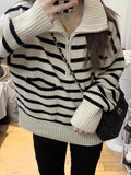 Women Knitted Pullover Striped Turtleneck Zipper Sweater Women's Fall and Winter Lapels Knitwear Top