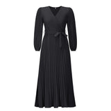 Women Date Dress V-neck Long Sleeve Pleated Dress