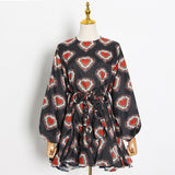 Women Dresses Spring Retro round-Neck Long-Sleeved Dress Short Skirt (Qymy0409)