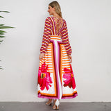 Women Date Dress V-neck Striped Print Dress