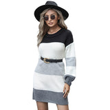 Women Knitted Sweater Autumn and Winter Leisure Women's Loose Long Sleeve Color Matching Long Woolen Skirt