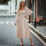 Women Dress Square Collar Long Sleeve Dress