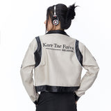 Women Jacket Contrast Color Locomotive Style Cropped Leather Coat