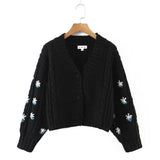 Women Sweater Knitwear Autumn and Winter Embroidery Knitwear Women's Lantern Sleeve Large V-neck Short Sweater