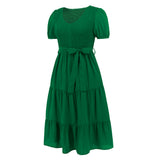 Women Date Dress V-neck Pleated Lace-up Dress