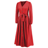 Women Date Dress Single-Breasted Cardigan Skirt V-neck Bubble Long Sleeve Dress
