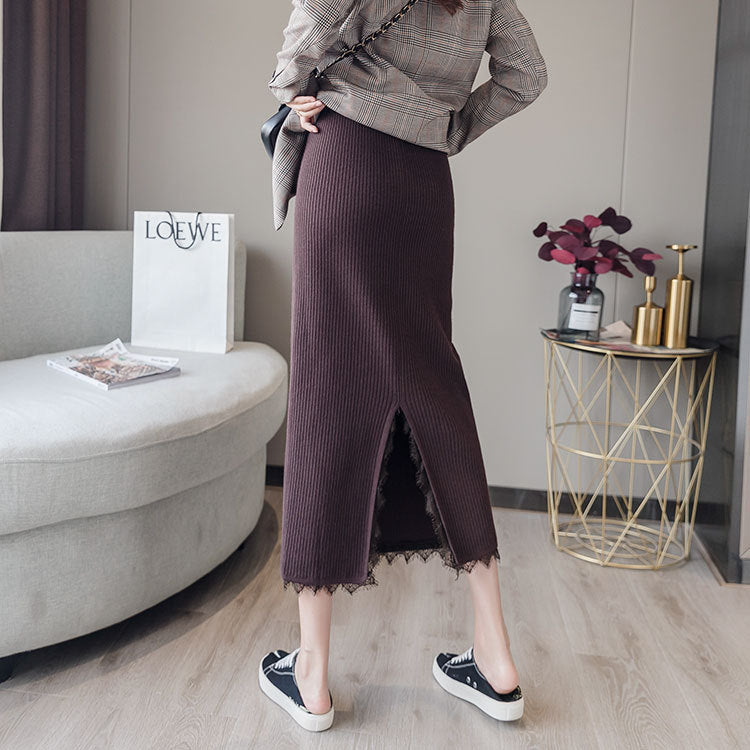 Women Knitted Skirt Lace Package Hip Skirt Casual Autumn and Winter