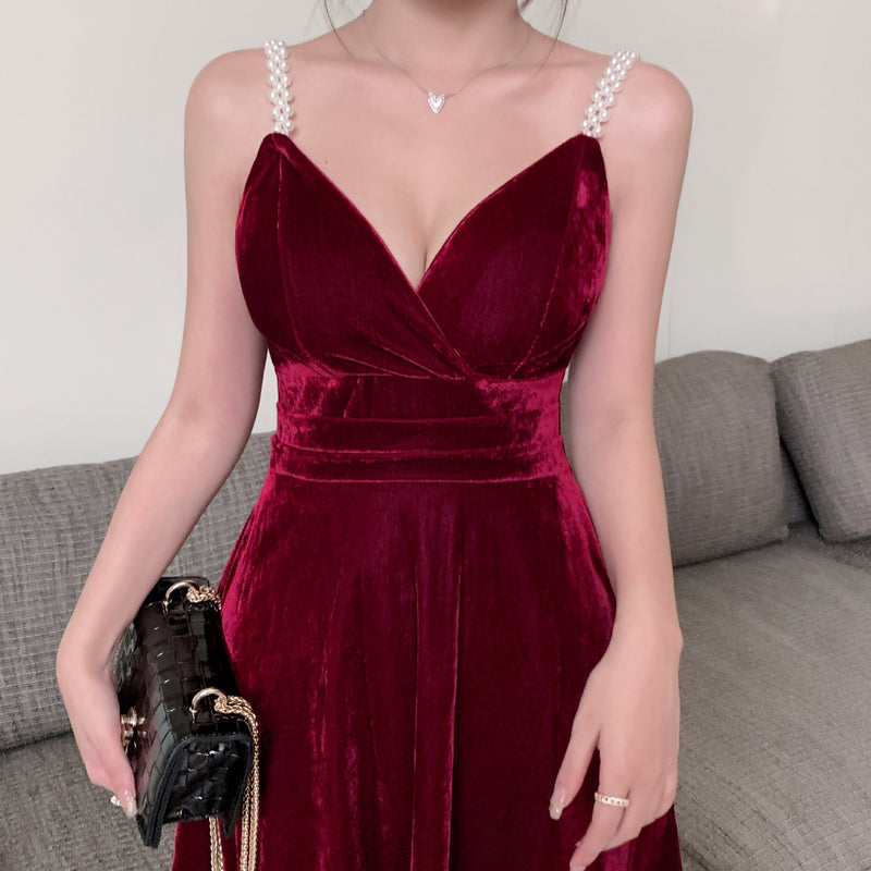 Women Maxi Dress Autumn Winter Sexy Pearl Pleuche Spaghetti-Strap Dress