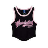 Women Vest Old School Letter Printing Color Contrast Sleeveless T-shirt