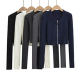 Women Sweater Knitwear Autumn and Winter round Neck Vertical Stripes Knitted Short Top Zipper Sweater