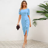 Women Date Dress round Neck Pleated Lace Dress