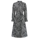 Women Date Dress Leopard Print Stud for Autumn and Winter Stand Collar Long Sleeve Dress Pleated Dress