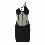 Women Dresses Summer Mesh Stitched Backless Sheath Dress