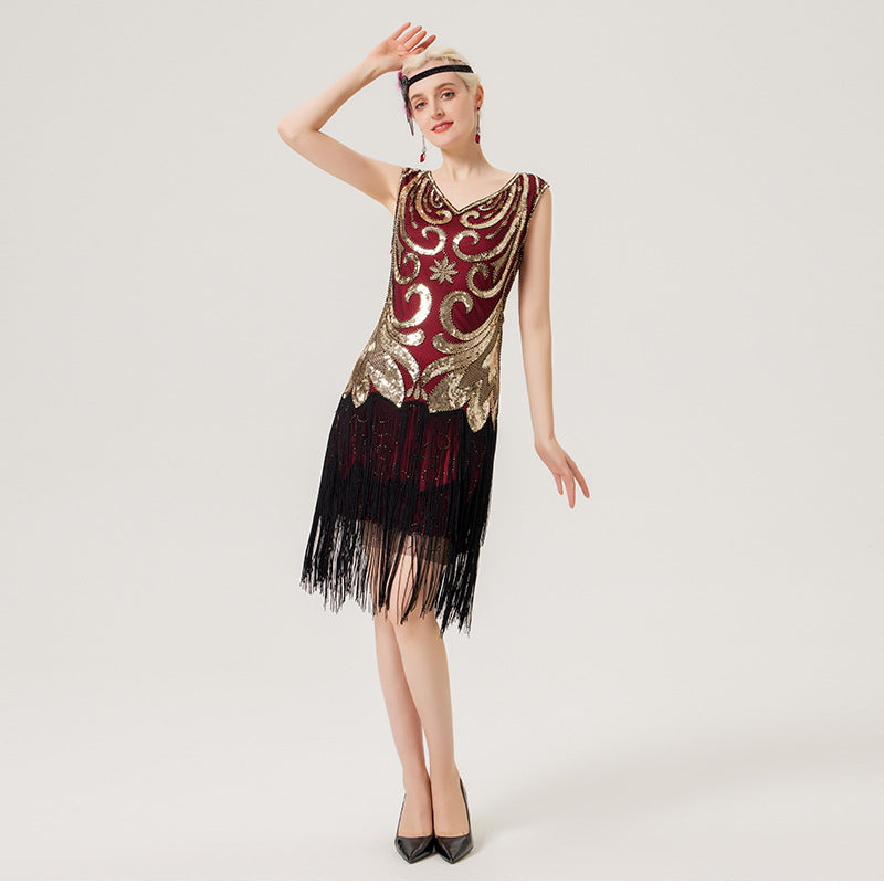 Flappers 1920S Dress Vintage Sequined Dress V-neck Tassel Hem Dress