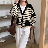 Women Knitwear Autumn and Winter Striped V-neck Pocket Sweater Female Loose Knitted Cardigan