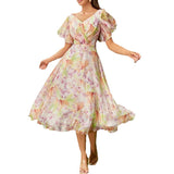 Women Dresses Spring V-neck Backless Floral Dress (Qymy0409)