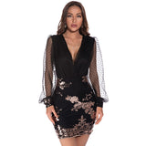 Women Evening Gown Sexy Mesh Long Sleeve Stitching Sequins Dress