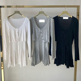Women Dresses U-Neck Sling Pleated Dress Cardigan Button Long Sleeve Jacket Two-Piece Short Skirt