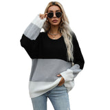 Women Knitted Sweater Autumn and Winter Loose Color-Block Crew Neck Pullover Sweater