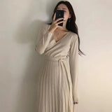 Women Maxi Dress Autumn and Winter V-neck Long Knitted Dress