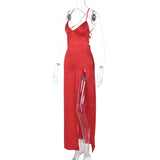 Women Dresses Spring Sexy V-neck Backless Self-Tie Slit Dress