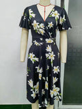 Women Evening Gown Sexy Casual V-neck Swing Printed Dress