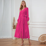 Women Date Dress Single-Breasted Cardigan Skirt V-neck Bubble Long Sleeve Dress