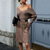 Women Knitted Sweater Autumn and Winter Leisure Long Sleeve Solid Color and V-neck Woolen Skirt
