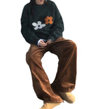 Women Knitted Pullover Vintage Flower round Neck Autumn and Winter Loose Flower Knitwear Sweater