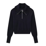 Women Sweater Knit Wear Zipper Wide Collar Casual Top Sweater