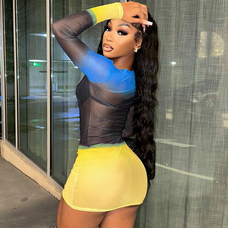 Women Dresses Summer Sexy Mesh round-Neck Long-Sleeved Dress
