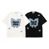 Men T Shirt Vintage Butterfly Denim Stitching Affixed Cloth Embroidered Casual Short Sleeve T-shirt