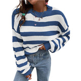 Women Knitted Sweater Striped Sweater round Neck Pullover Loose Casual Sweater
