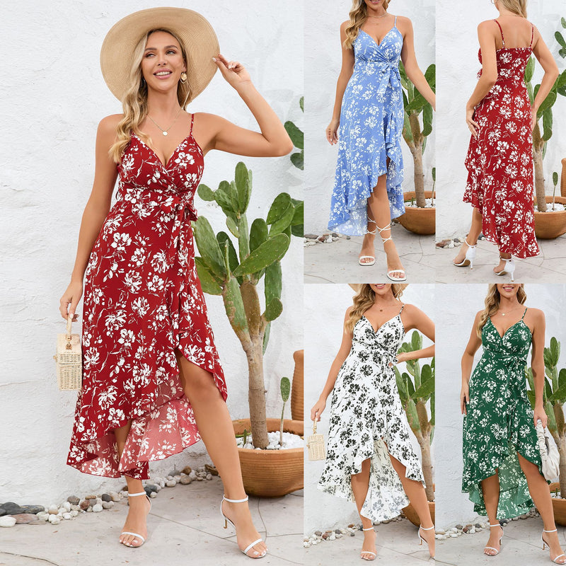 Women Date Dress Summer Sexy Suspender Dress Irregular Pattern Print Dress